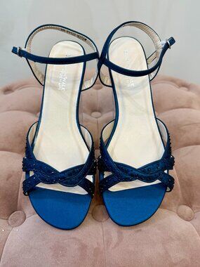 Touch Ups by Benjamin Walk Lena Navy Shimmer Low Wedge Sandals Size 8W